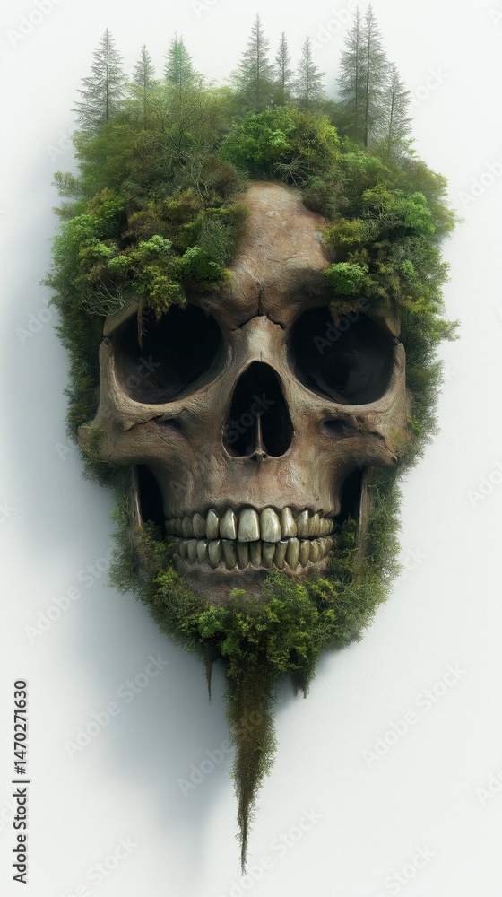 Skull shaped landscape featuring trees and greenery blending with nature elements and a mystical atmosphere