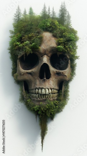 Skull shaped landscape featuring trees and greenery blending with nature elements and a mystical atmosphere