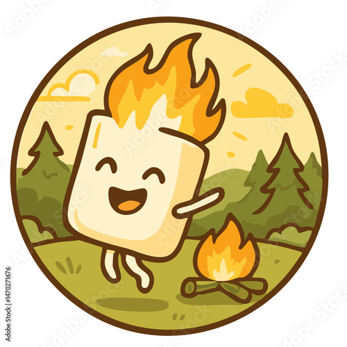 Cartoon marshmallow bonfire. Cute roasted marshmallow character with flame on head. 