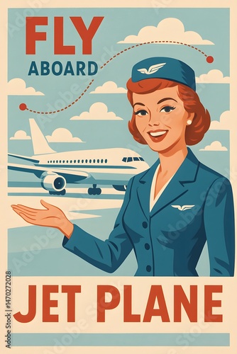 Vintage 1960s Airline Poster with Retro Flight Attendant and Jet Plane - Mid-Century Travel Ad in Blue, Red and Cream Colors