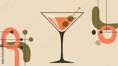 Modern art deco cocktail design with martini glass and geometric abstract elements