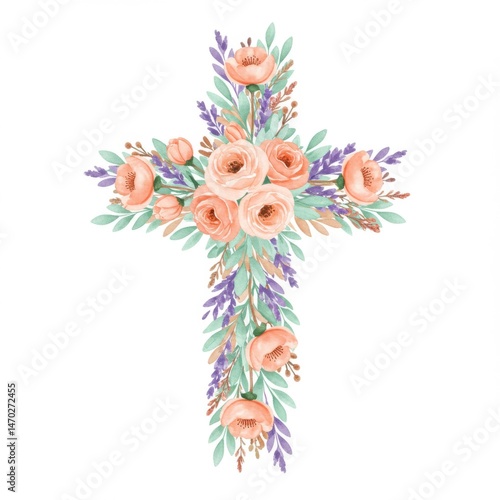 Floral Cross Watercolor Painting with Peach and Lavender Flowers