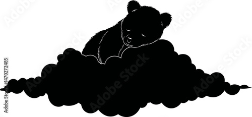 Silhouette of a bear cub sleeping peacefully on a fluffy cloud illustration. Vector illustration
