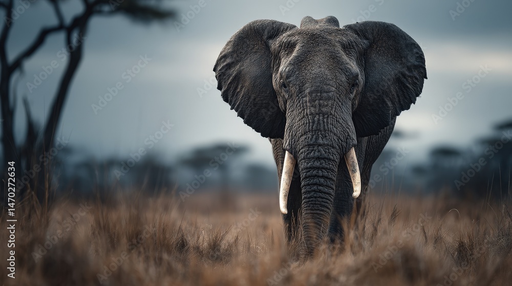 Fototapeta premium Elephant staring into camera wide field wildlife photography natural environment direct view majestic presence