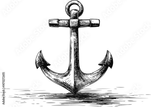 Detailed black and white sketch of a nautical anchor drawing. Vector illustration