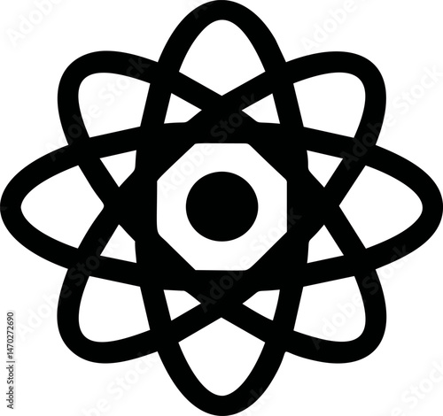 Black and white atomic symbol with overlapping elliptical paths. Vector illustration