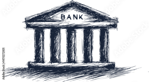 Sketch of a classical bank with columns and pediment, financial institution art. Vector illustration
