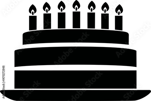 Silhouette of a birthday cake with six candles in minimalistic black design. Vector illustration