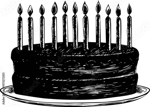 Illustration of a cake with twelve lit candles on a plate, black and white sketch. Vector illustration
