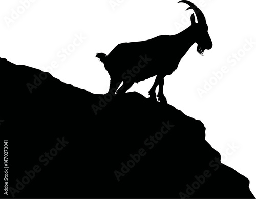 Silhouette of a mountain goat on a rocky slope under clear sky. Vector illustration
