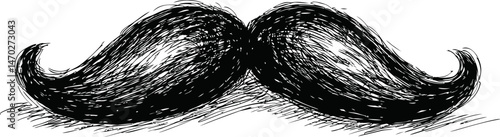 Detailed black ink drawing of a large vintage styled curly mustache. Vector illustration