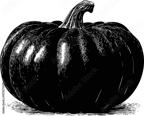Black and white illustration of a pumpkin sketched with detailed shading. Vector illustration