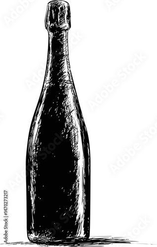Black and white sketch of a champagne bottle, pen drawing. Vector illustration