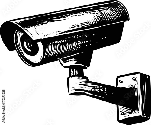 Black and white illustration of a security camera in a sketch style. Vector illustration