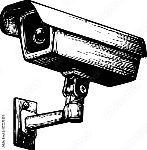 Black and white illustration of a security camera on a wall mount, surveillance concept. Vector illustration