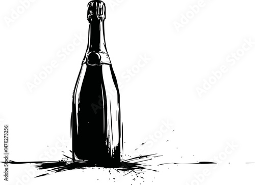 Black ink silhouette of champagne bottle, artistic rendering. Vector illustration