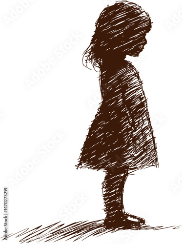 Silhouette of young girl in dress in artistic sketch style concept art. Vector illustration