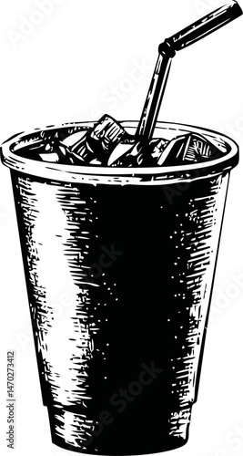 Black and white illustration of a soda cup with a straw and ice cubes. Vector illustration