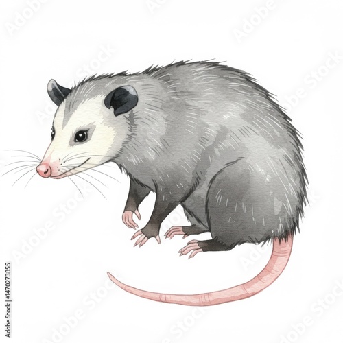 Watercolor Painting of a Grey Possum with Pink Tail