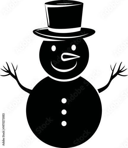 Silhouette of a cheerful snowman wearing a top hat and smiling broadly. Vector illustration