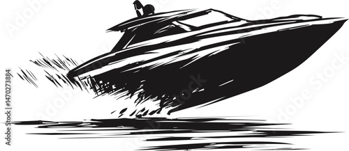 Black and white illustration of a speedboat racing on water with splash effects. Vector illustration
