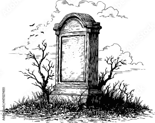 Old tombstone in overgrown graveyard with cloudy sky and barren branches. Vector illustration