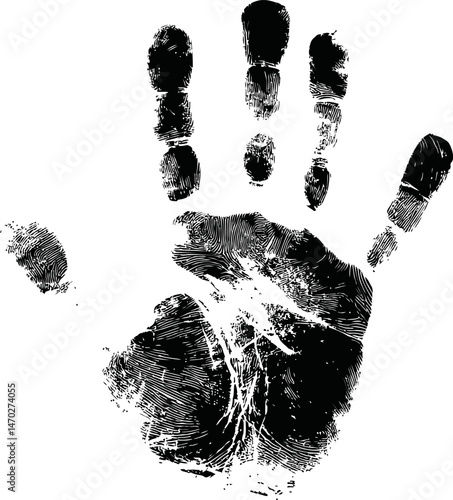 Black and white detailed handprint with fingerprint texture, forensic concept. Vector illustration