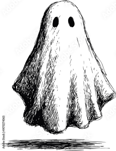 Black and white sketch of a floating ghost with hollow eyes. Vector illustration