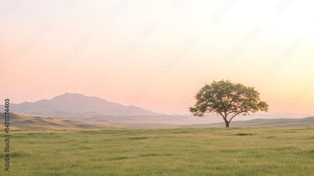 Lone Tree in a Green Pasture at Sunset Lone Tree in a Green Pasture at Sunset