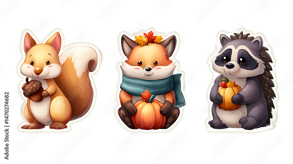 Obraz premium Adorable cartoon animals – squirrel, fox, and raccoon – holding autumnal treats like acorns and pumpkins.