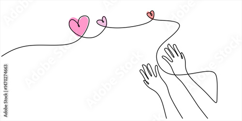 Continuous One Line Drawing Hands Making Heart Shape. Love Care Charity Health Together Vector Symbol.