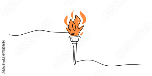 Continuous One Line Drawing Burning Torch Flame Held High. Spirit Hope Victory Competition Light Vector.