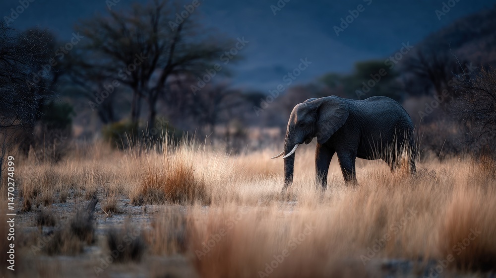 Obraz premium Elephant walking through dry grass twilight wildlife photography serene environment side view majestic journey