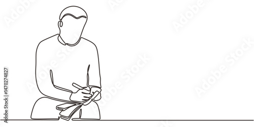 Continuous Line Drawing Man Writing Notes. Journal Study Concentration Minimalist Vector Art.