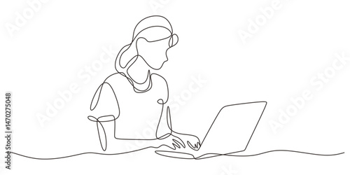 Continuous Line Drawing Woman Working Laptop. Modern Work Business Minimalist Vector Art.