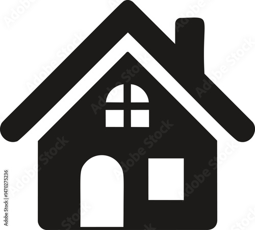 Black silhouette of a house icon with pointed roof and window shapes. Vector illustration
