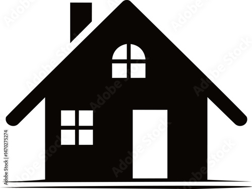 Black silhouette of a house with windows and a chimney. Vector illustration