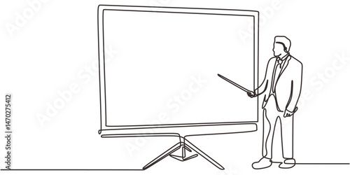 Continuous Line Drawing Man Presentation Whiteboard. Speaker Gesturing Business Minimalist Vector.
