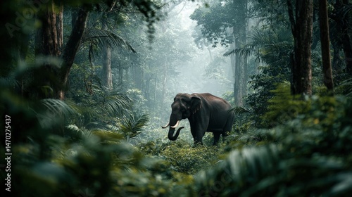 Khris elephant raising trunk in lush jungle clearing wildlife nature tranquil close-up majestic moment