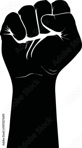 Black silhouette of a raised fist symbolizing power and solidarity. Vector illustration