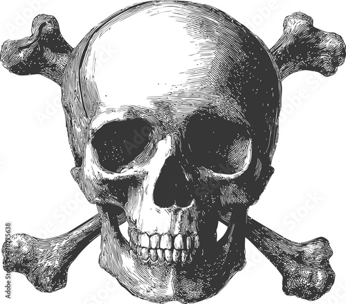 Monochrome skull with crossed bones in vintage engraving style. Vector illustration