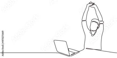 Single Line Art Workplace Wellness Office Worker Stretching. Relief Tension Break Minimalist Vector.