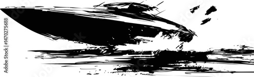Abstract black and white illustration of a speedboat on water splashes. Vector illustration