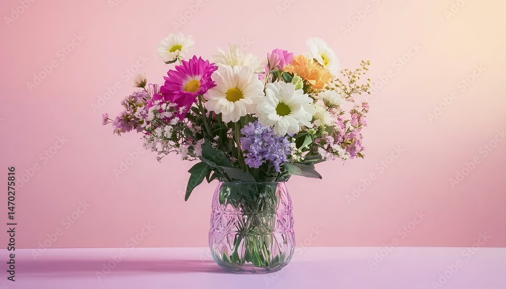 Fototapeta premium Colorful flower bouquet in glass vase on pink table with light-green wall.