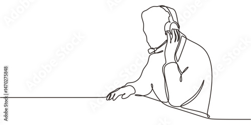Single Line Art Online Collaboration Conference Call Headphones. Remote Communication Minimalist Vector.