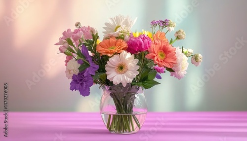 Wallpaper Mural Colorful flower bouquet in glass vase on pink table with light-green wall. Torontodigital.ca