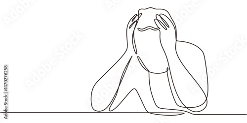 Continuous Line Drawing Person Head In Hands Desk. Workplace Fatigue Stress Burnout Vector Art.