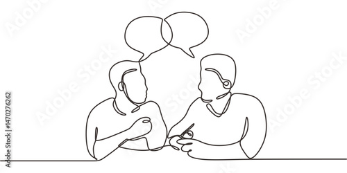 Single Line Art Workplace Dialogue Two Figures Linked Speech Bubbles. Teamwork Minimalist Vector.