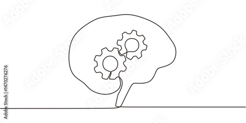 Continuous Line Drawing Brain Filled Gears. Critical Thinking Business Strategy Innovation Vector.