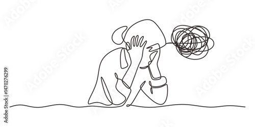 Continuous Line Drawing Stressed Person Tangled Brain. Anxiety Complex Thinking Pressure Vector.